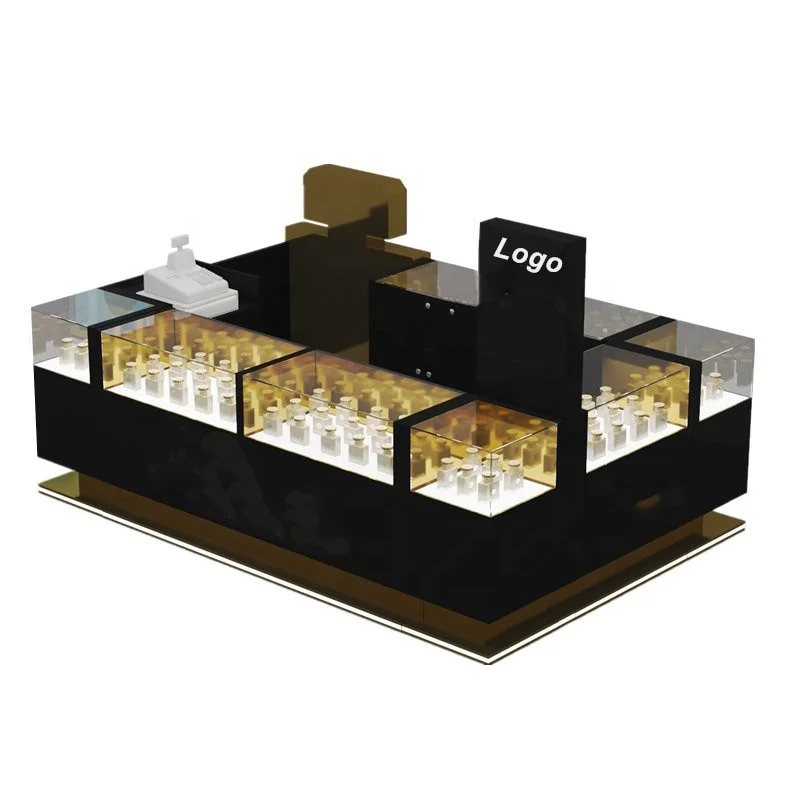 High-end Perfume Kiosk Showcase with Light for Display Wooden Jewelry Kiosk Design Glass Luxury Mall 3d Perfume Display Kiosk