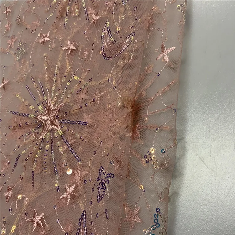 Design cheap design pink decorative floral sequin embroidered beaded tulle fabric mesh fabric