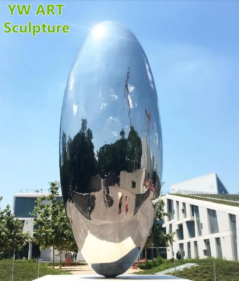 Large abstract oval egg bullet stainless steel polished mirror metal sculpture