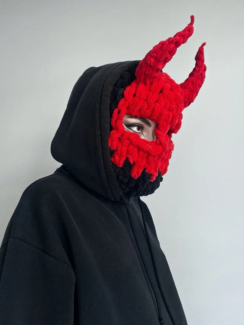 New Handmade Winter Demon Balaclava Hoodie Ski mask Rabbit Ear Girls Woolen Beanie Cap With Neck And Neck Scarf