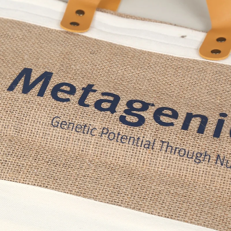 Customized logo Large Capacity Burlap Jute Shopping Tote Bags With Pu Leather Handles