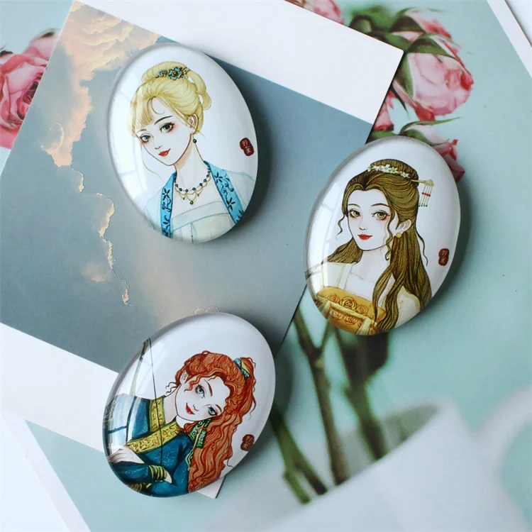 30*40mm Custom Cartoon Character Photo Travel Souvenir Refrigerator Stickers Cartoon Cute Princess Oval Glass Fridge Magnet
