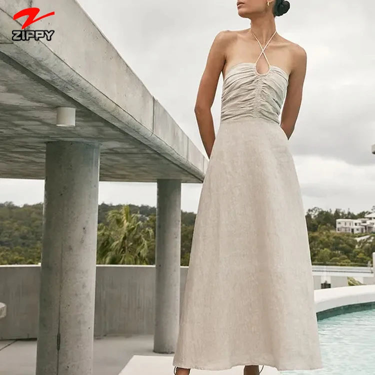 100% Natural Linen Backless Maxi Dresses Clothing  Summer Halter Sexy White Beach Dress Long Linen Elegant Casual Dress For Wome