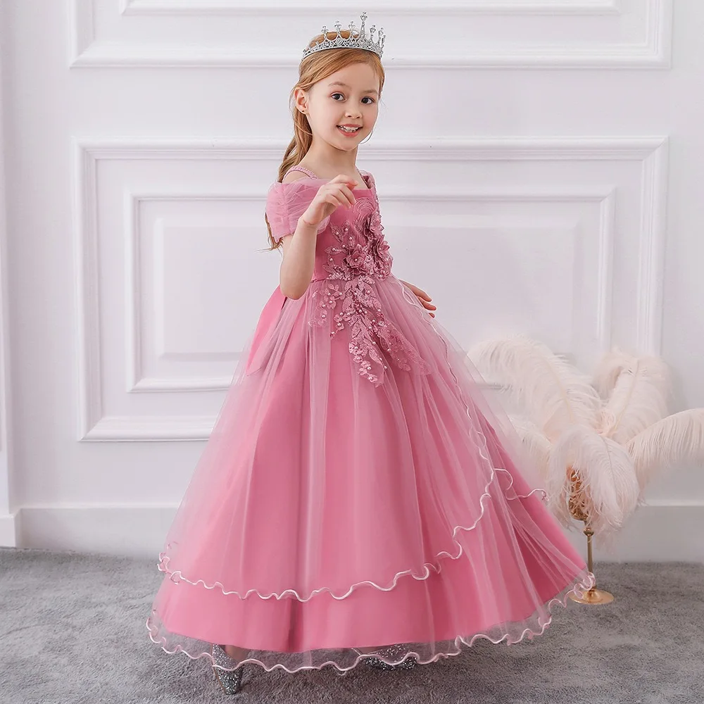 Top Sales Embroidery Puffy Sleeve Tulle Pink Baby Clothing Sets Girls Wedding Dresses Kids Princess Party Ball Gown Long Frock