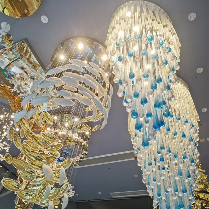 Hitecdad Hotel Lobby Engineering Project Contemporary Customized Fish Shape Big Glass Chandelier Hanging Lamp Pendant Lights