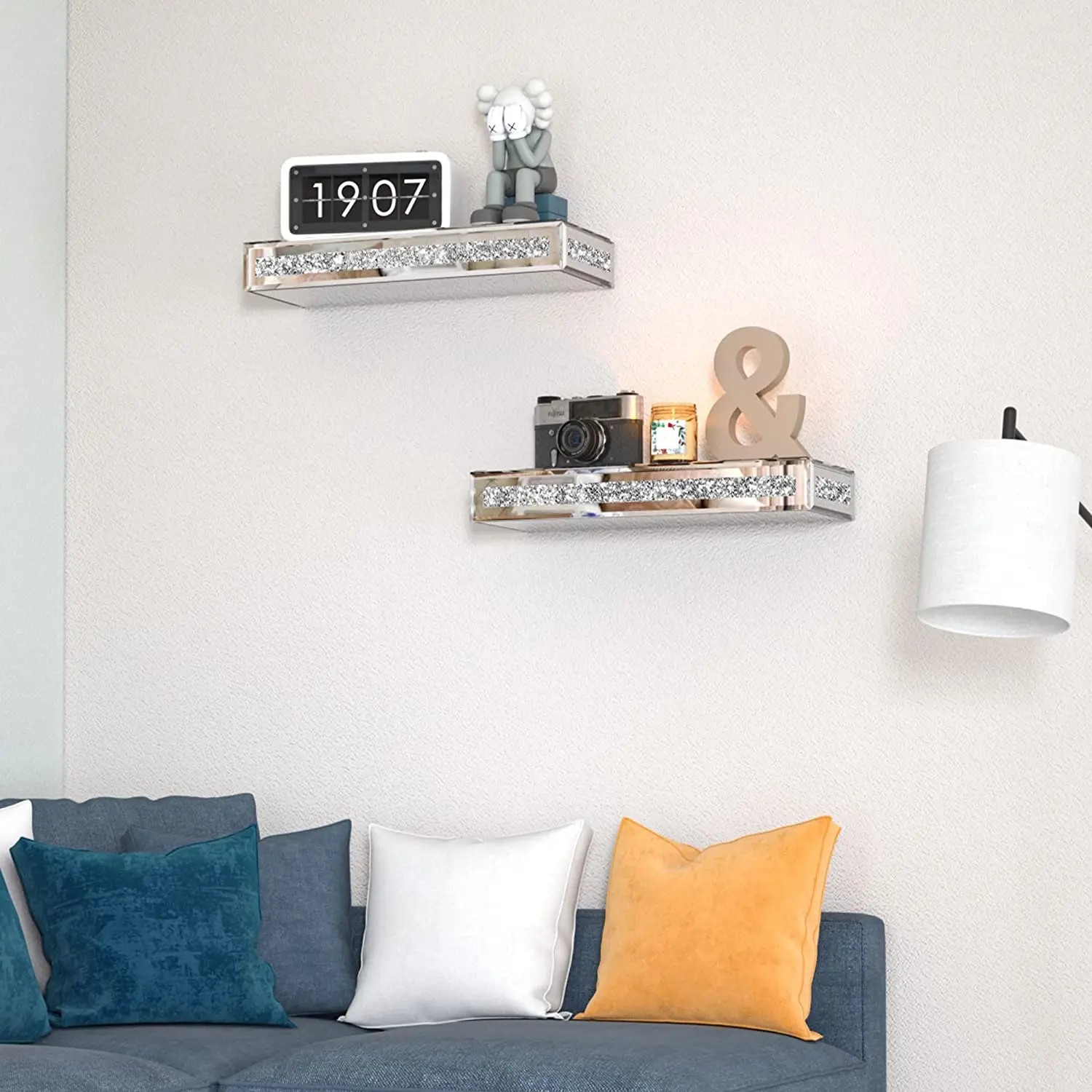 Modern Floating Wall Shelf Mirrored Decorative Wall Mounted Shelf Photo Frame Silver Mirror Shelf Display Ledge Trophy