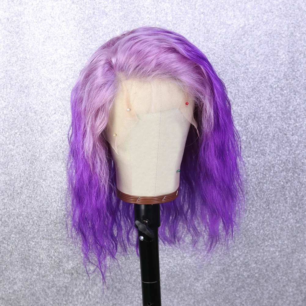 
Пурпурный парик с эффектом омбре, парик из человеческих волос на сетке спереди, бразильские необработанные короткие волнистые волосы, красочный парик на сетке с детскими волосами для женщин 