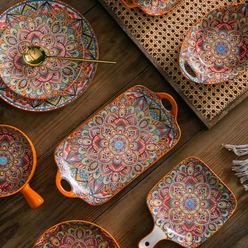 Bohemia Style Ceramic Dishes & Plates Retro Dinnerware Sets Under Glaze Porcelain Wholesale Tableware Bowls and Plates