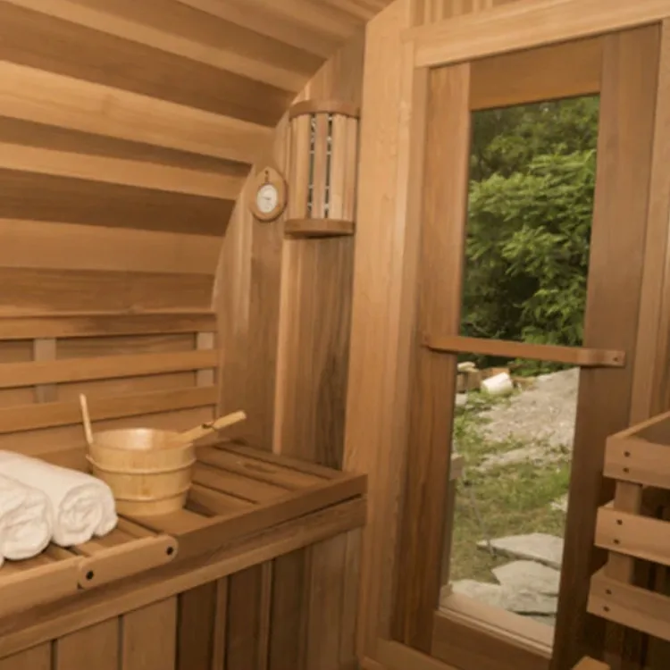 whole wood red cedar outdoor wet steam lay down seat barrel sauna rooms with sauna stove and stone