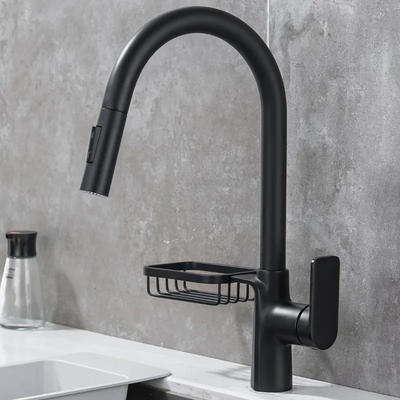 New kitchen brass faucet with splash proof water washing black sink rotatable hot and cold pull-out kitchen faucet