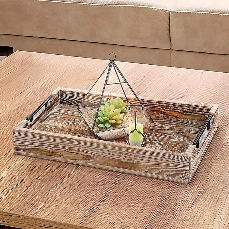Home Decor Farmhouse Tray Coffee Table Tray Rustic Ottoman Decorative Wooden Serving Tray with Metal Handles