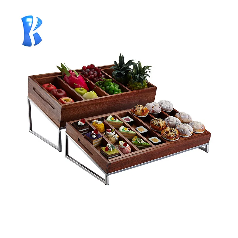 OKEY 5 star  hotel wood cake dessert display stand luxury tableware square rack elevation wooden buffet rack