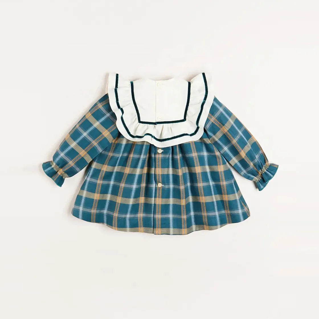 Wholesale Summer Vintage Spanish Baby Girl Dresses Children Long Sleeve Clothes Plaid 100% Cotton Boutique Frocks Kids Dress