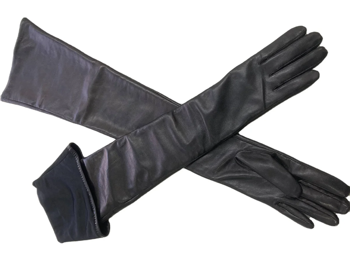 Black long leather gloves ladies opera length leather gloves women sheepskin leather opera gloves