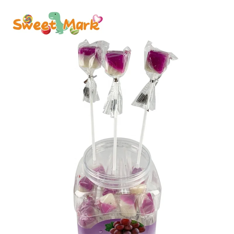 Factory candy lolly lollipop cube shape 2 layer grape litchi lychee flavor lollipop candy stick
