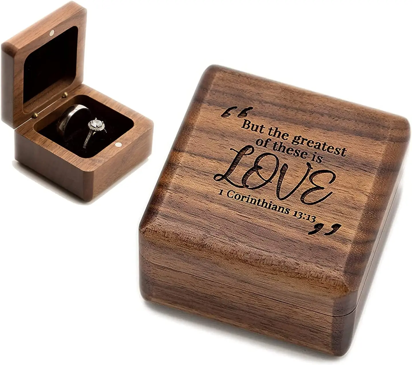 Anniversary Gift Engagement Wedding Ceremony Custom Jewelry Double Ring Box Wooden Walnut Double Jewelry Ring Boxes
