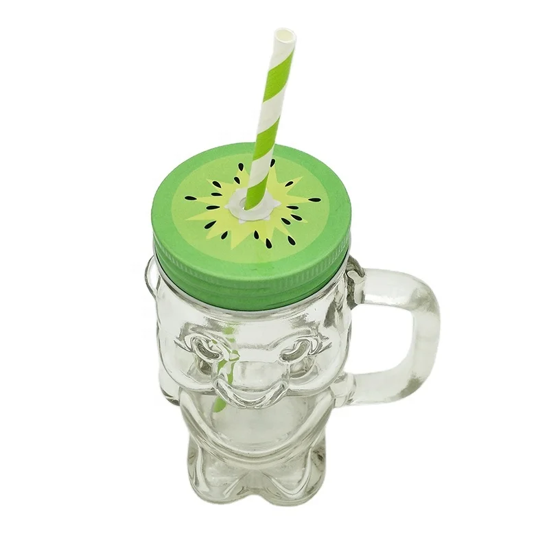 12oz 360ml bear shaped glass mason jar with handle and straw