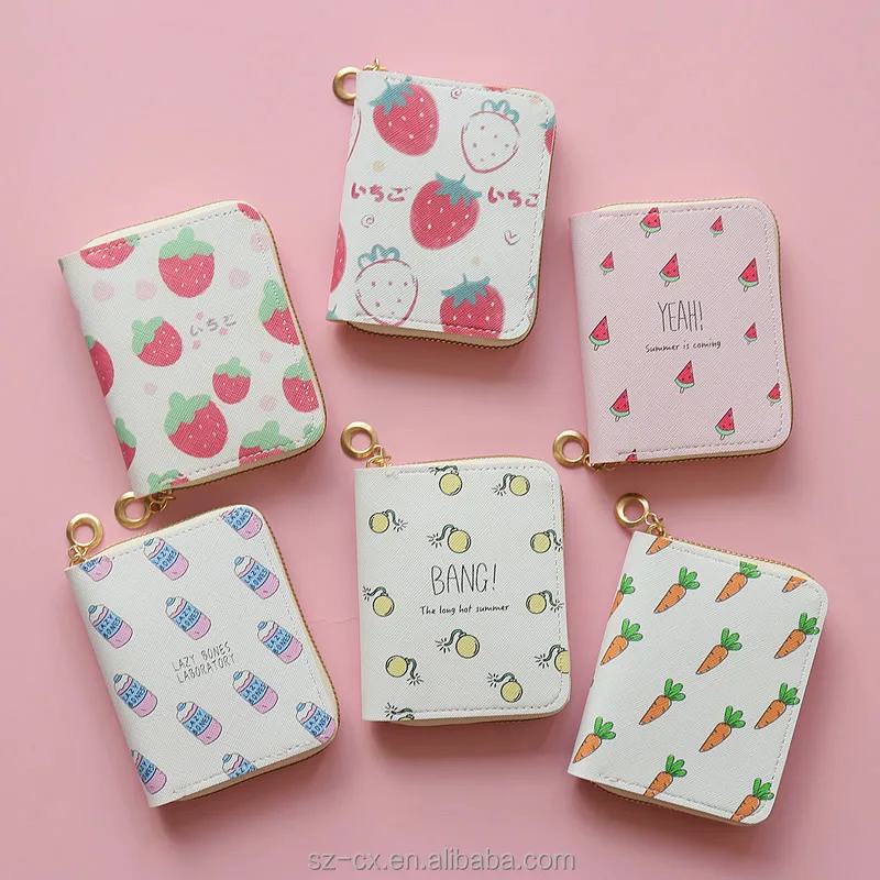 cute girls kids fruit charm short wallet cash money organizer zipper coin pouch credit card holder leather mini wallet for women