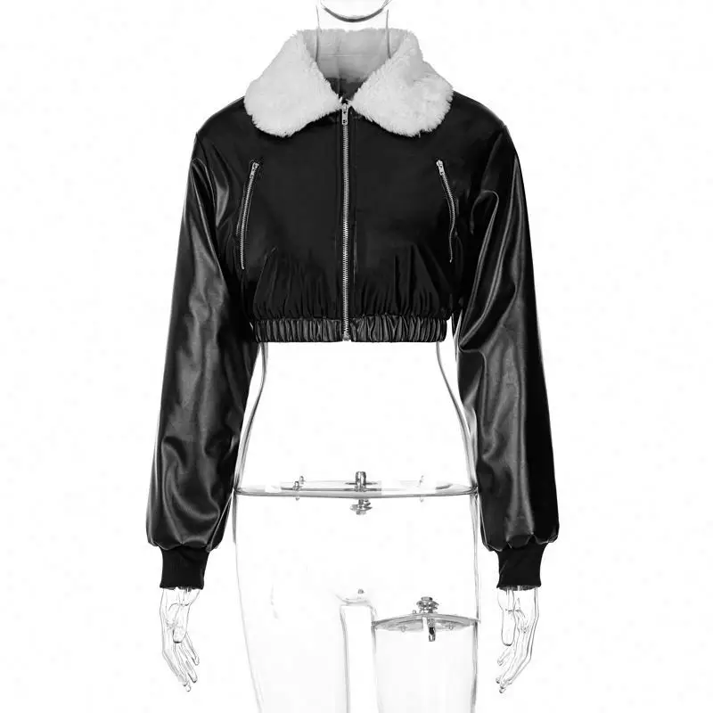 Leather Fur Turn Down Collar Long Sleeve Zipper Cropped Cotton Coats 2021 Winter Women Streetwear Windbreak Moto Jacket