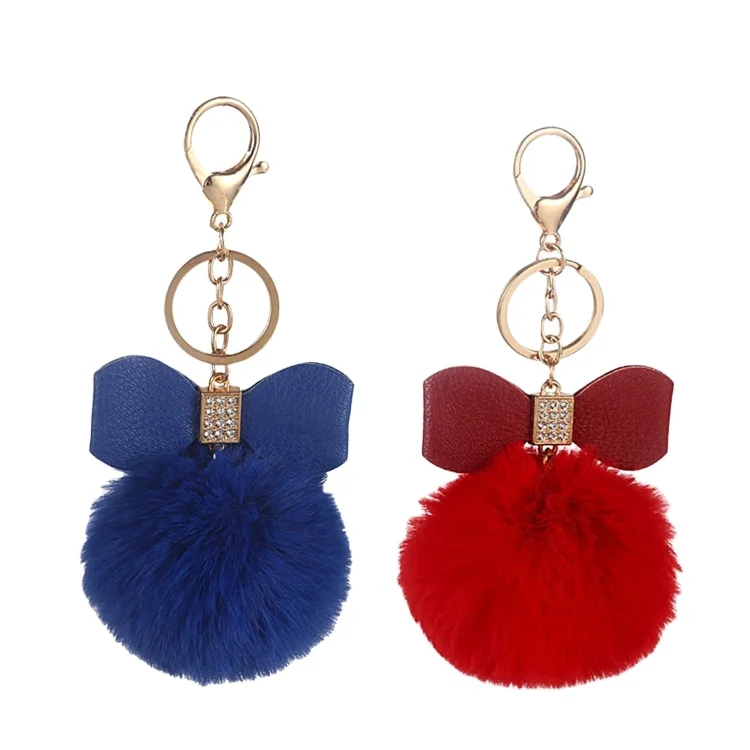 Wholesale spot pu bowknot multicolor artificial fur blowing bubble ball pompons keychain unisex