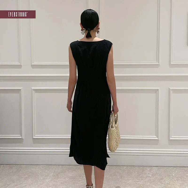 Pleated Dress Black Slim Comfortable Breathable Fashion Summer High Waist Midi Dresses