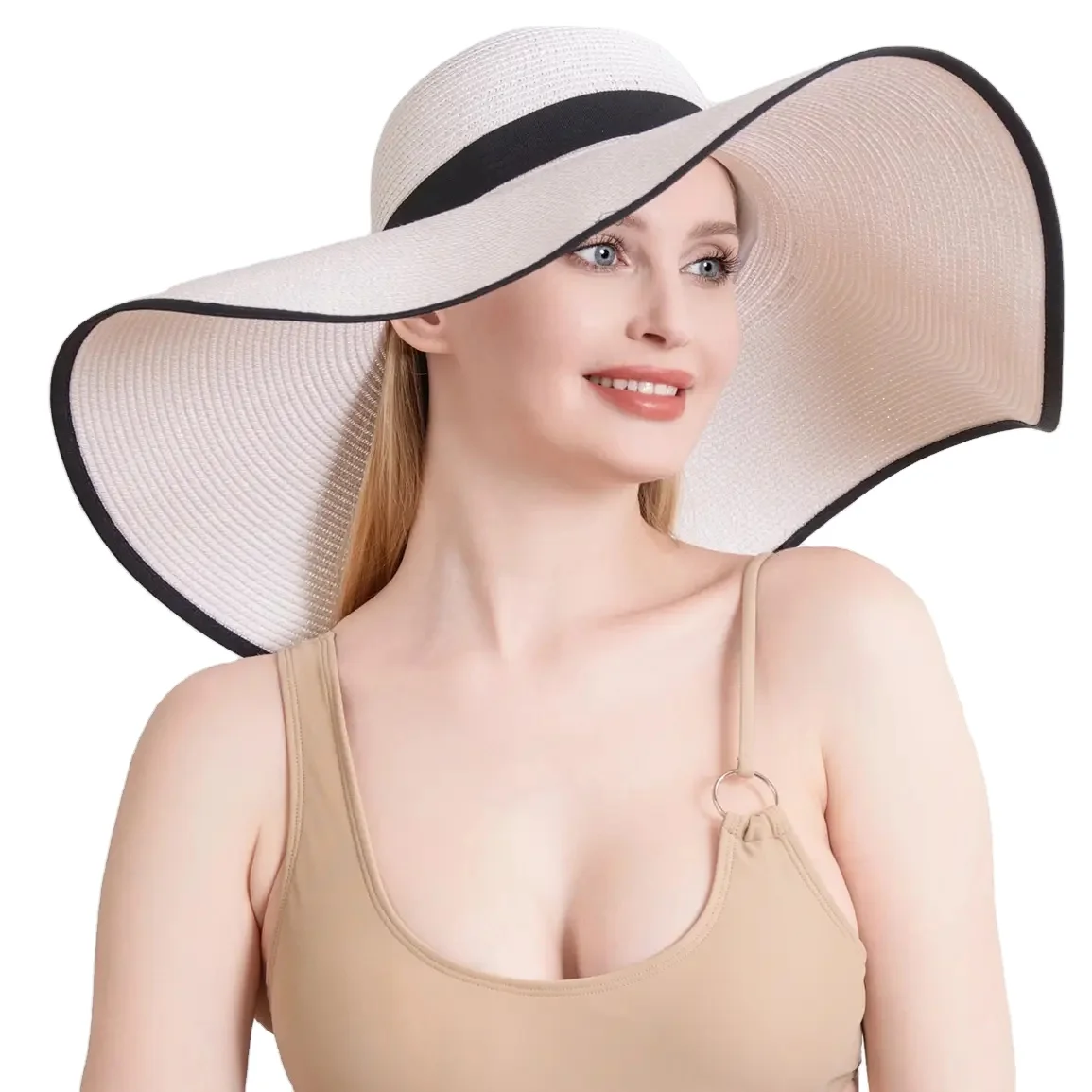 Women Flat Wide Brim Sun Floppy Hat Folding Bowknot Elegant Beach Straw Paper Hats