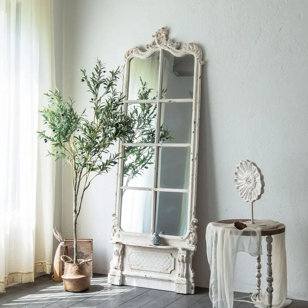 Factory Spot European Style Arch Antique Full Length Large Standing Wooden Mirror Vintage Mirror with Frame