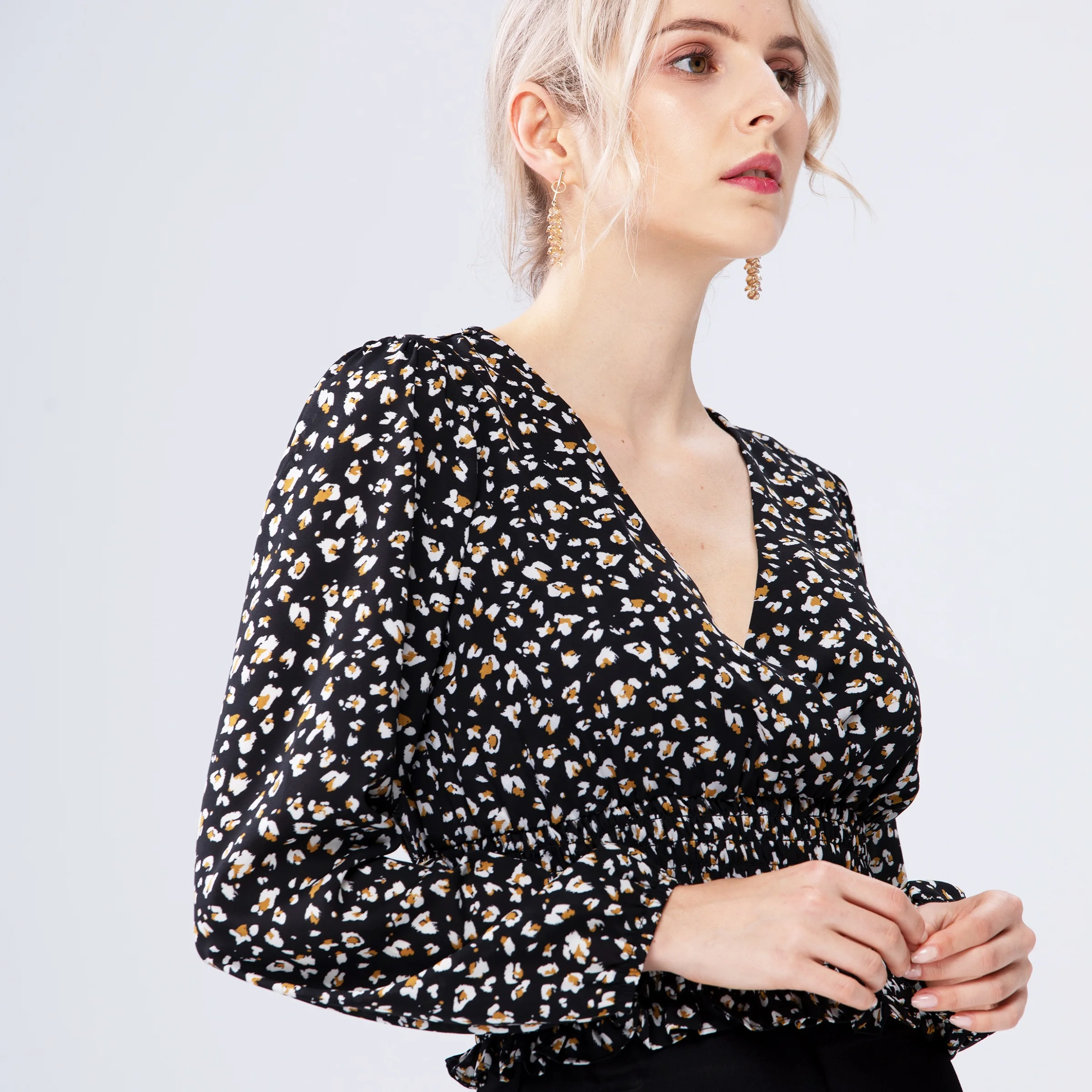 Ladies Spring Black Long Sleeve V Neck Casual Elegant Smocking Womens Cute Shirt Blouses