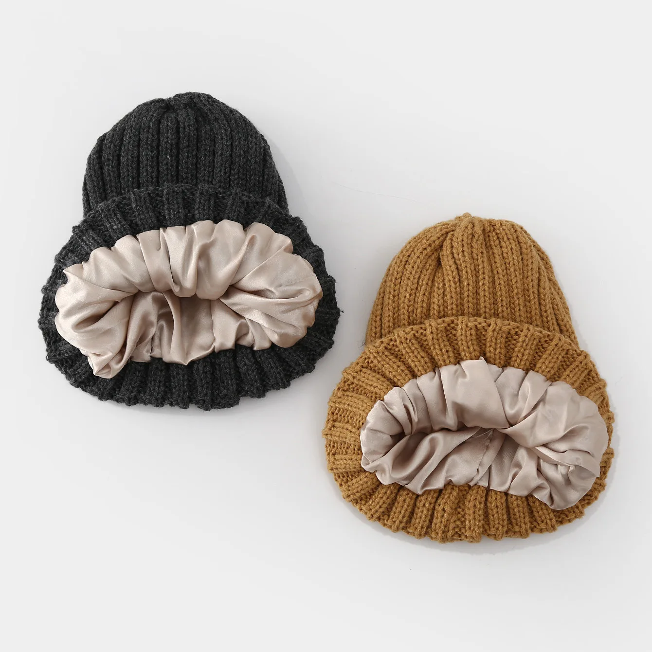Custom Winter Unisex Satin Lined Beanie Hats Women Silk Lining Cuffed Knit Hat Satin Lined Skull Cap
