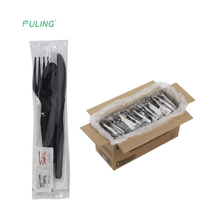 fuling technology cutlery set combo packing disposable wrapped plastic knife fork and spoon napkin set