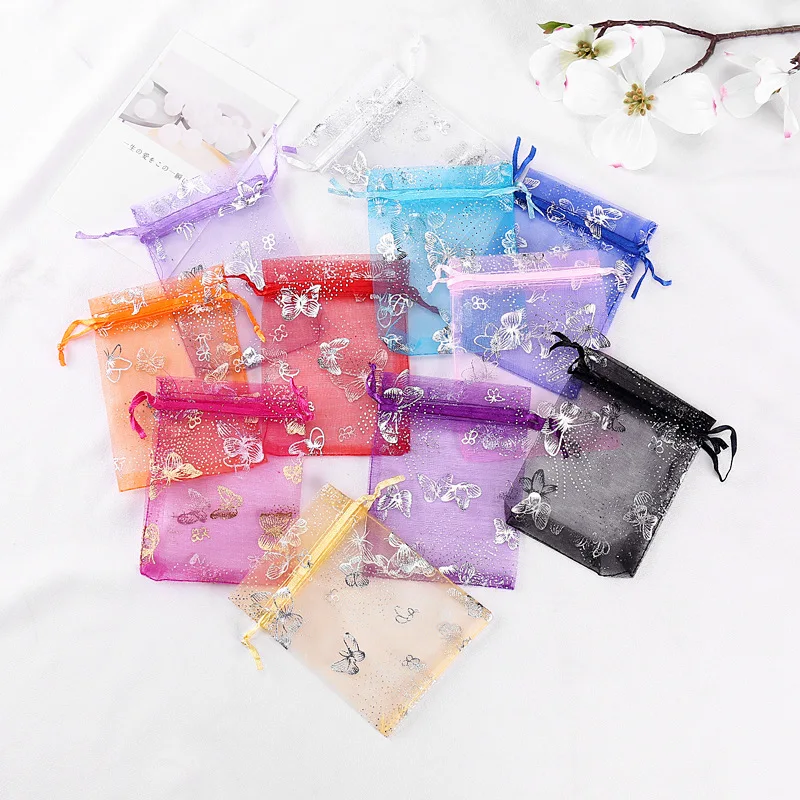 Wholesale 9x12 cm Small Transparent Drawstring Gift Bag Pouches Mesh Jewelry Packaging Silver Butterfly Organza Bags