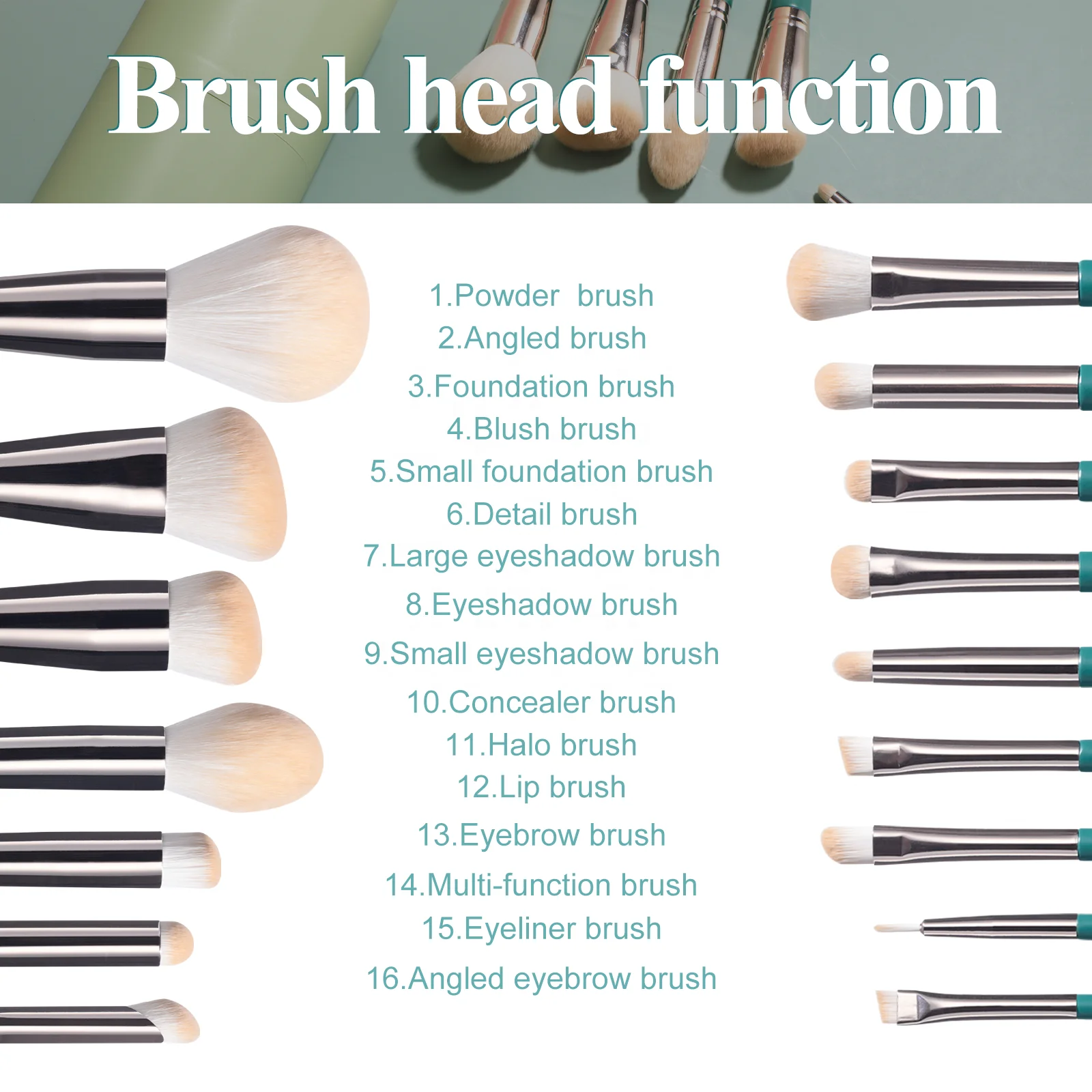 BS-MALL 16 Piece Long Handle Makeup Brushes  Private Label Green Vegan Custom Makeup Brush Packaging Box