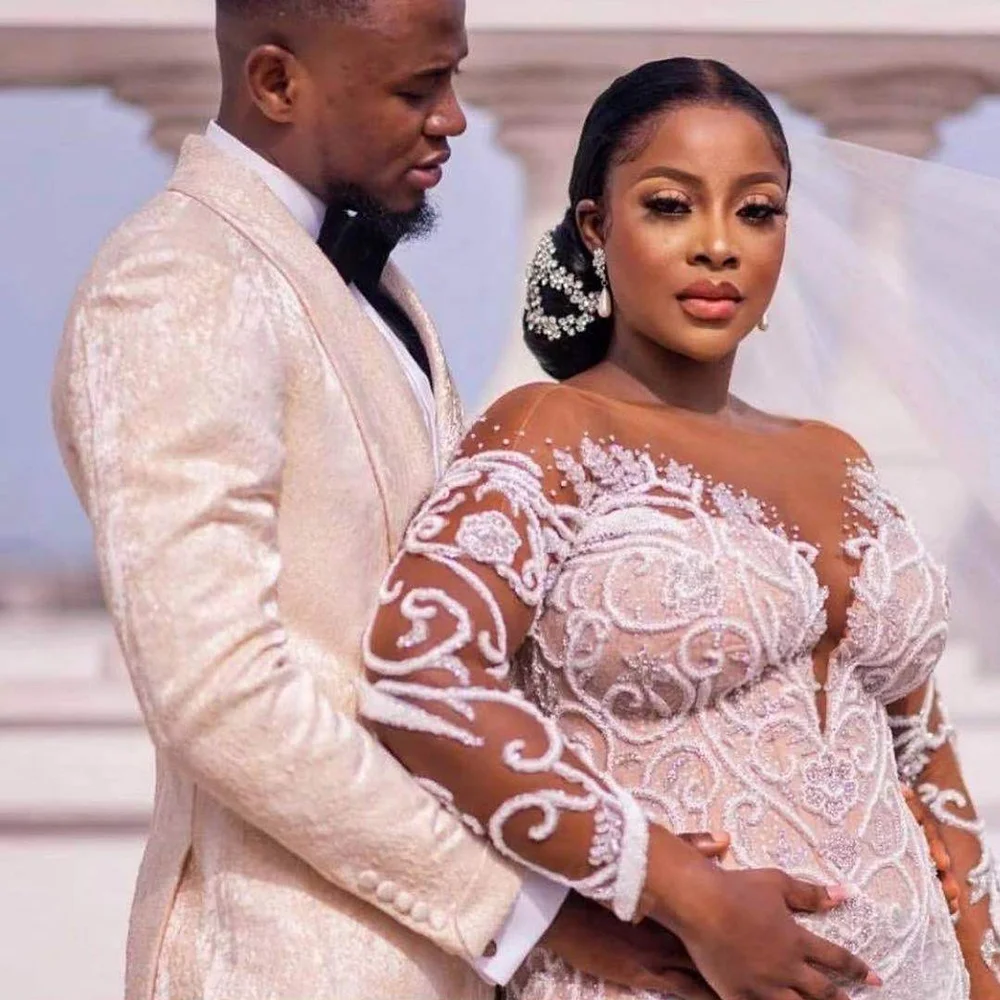 New Design Beading African Wedding Dresses Long Sleeve Sheath Bridal Gowns With Detachable Tail
