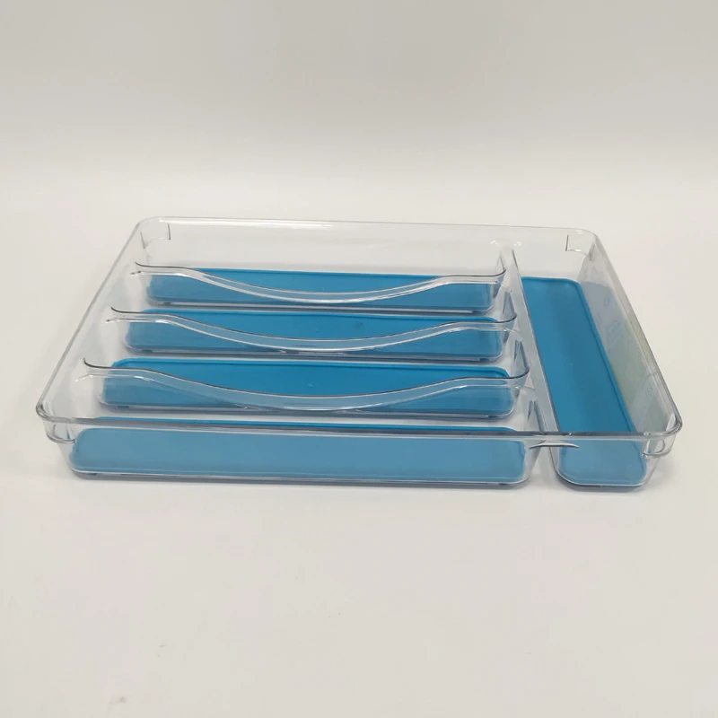 Plastic cutlery tray transparent PET material with blue grey TPR BPR Free Kitchen tray for spoon fork