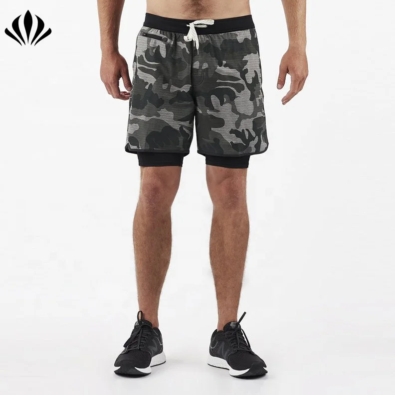 Wholesale mens casual sports wear mens  double layer training yoga running stockton camo shorts