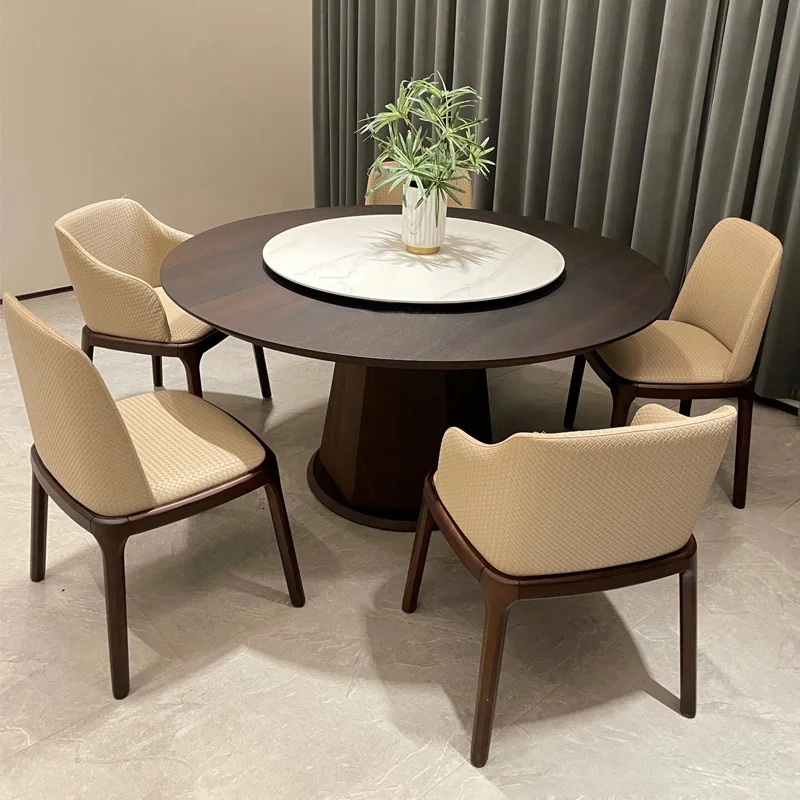 Home Furniture Nordic Solid Wood Frame Round Creative Luxury Dining Table With Turntable Slate Tabletop