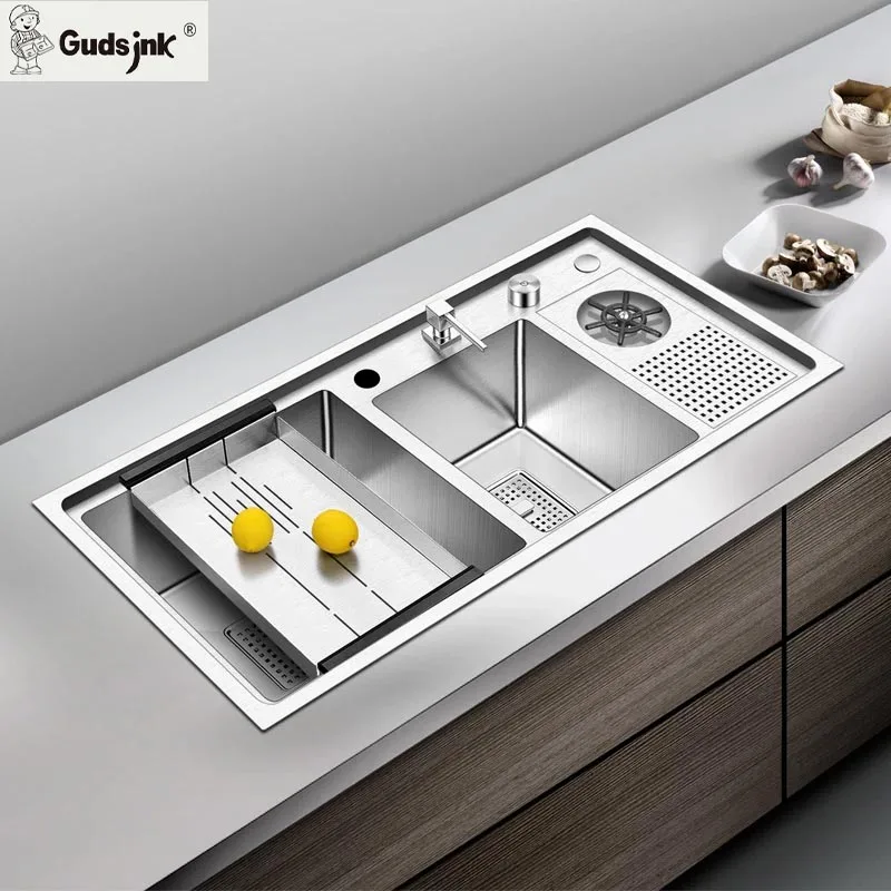 Gudsink fregadero Above Counter Stainless Steel Kitchen Sink With Cup Rinser Function Double Bowl Handmade kichen sink Basin