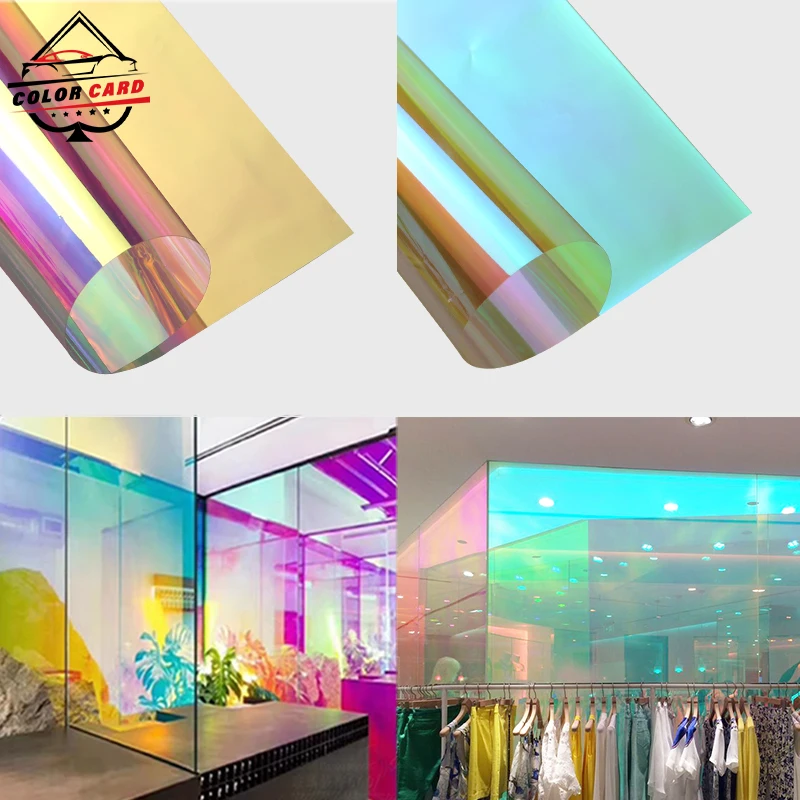 Chameleon Self Adhesive Decoration Dichroic Red Blue Holographic Rainbow Shopping Mall Commercial Office Glass Window Tint Film