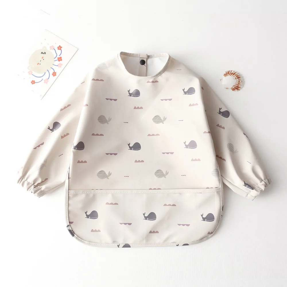 Infant Rice Pocket Feeding Drawing Apron Waterproof Soft Pu Children Accessories Large Bib For Dinner Baby Bibs Long Sleeved