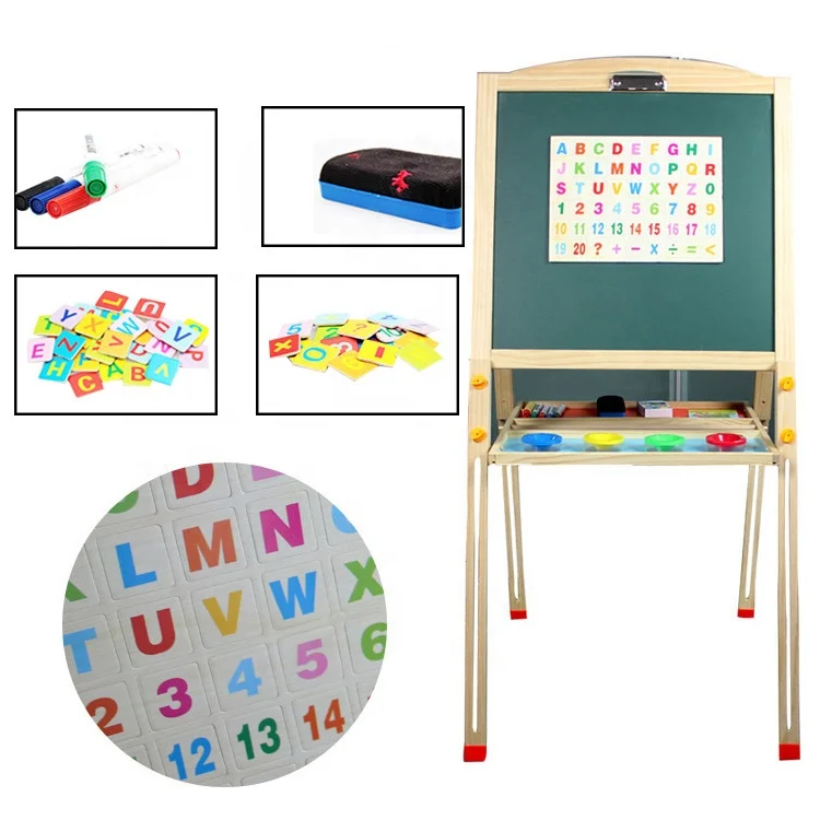 Early childhood double side chalkboard wooden art easel sets height adjustable standing easel magnetic white board painting toy