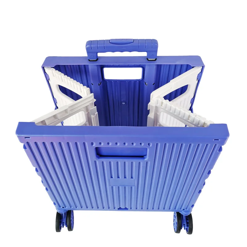 Supermarket Folding 4 Wheels Plastic Shopping Cart for Groceries on Wheels with Custom Logo/Color