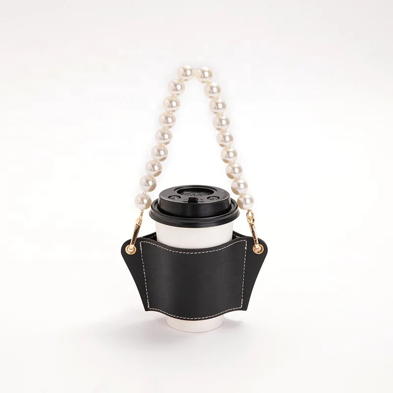 Luxury Leather Cup Sleeve With Strong Pearl Chain Coffee Cup Holder Cup Cover