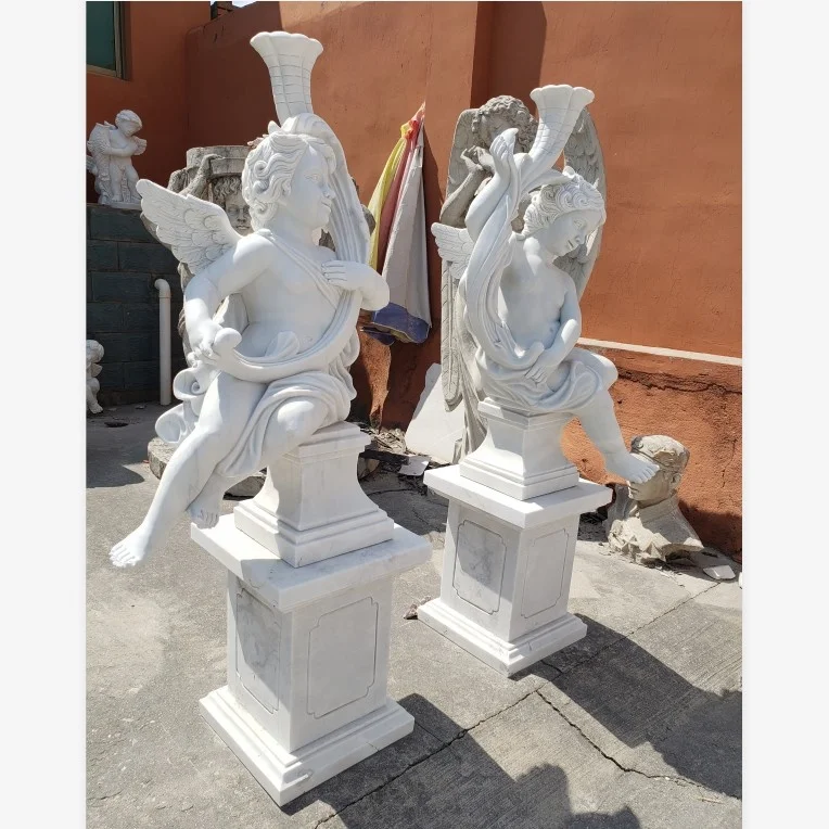 wholesale manufacturers life size white marble stone boy horn angel cherub statues