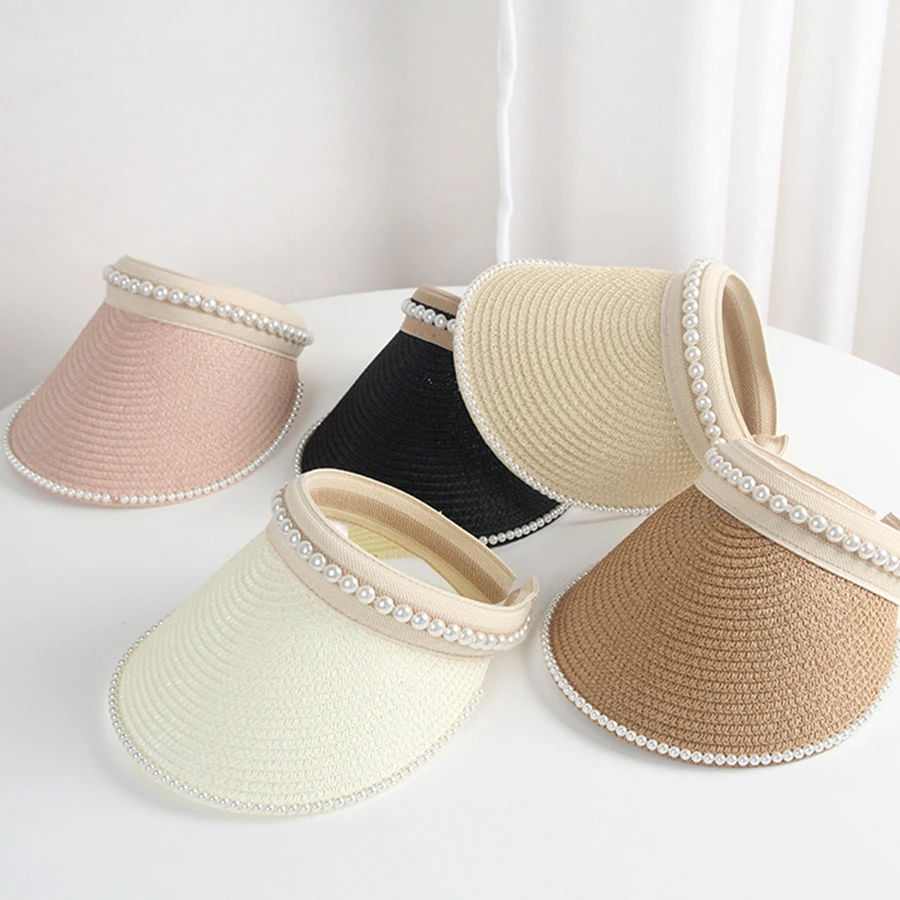 FF1465 Summer Women Straw Beach Hat Wide Brim Sun Visor Hat Ponytail Pearl Straw Visor Hat for Women