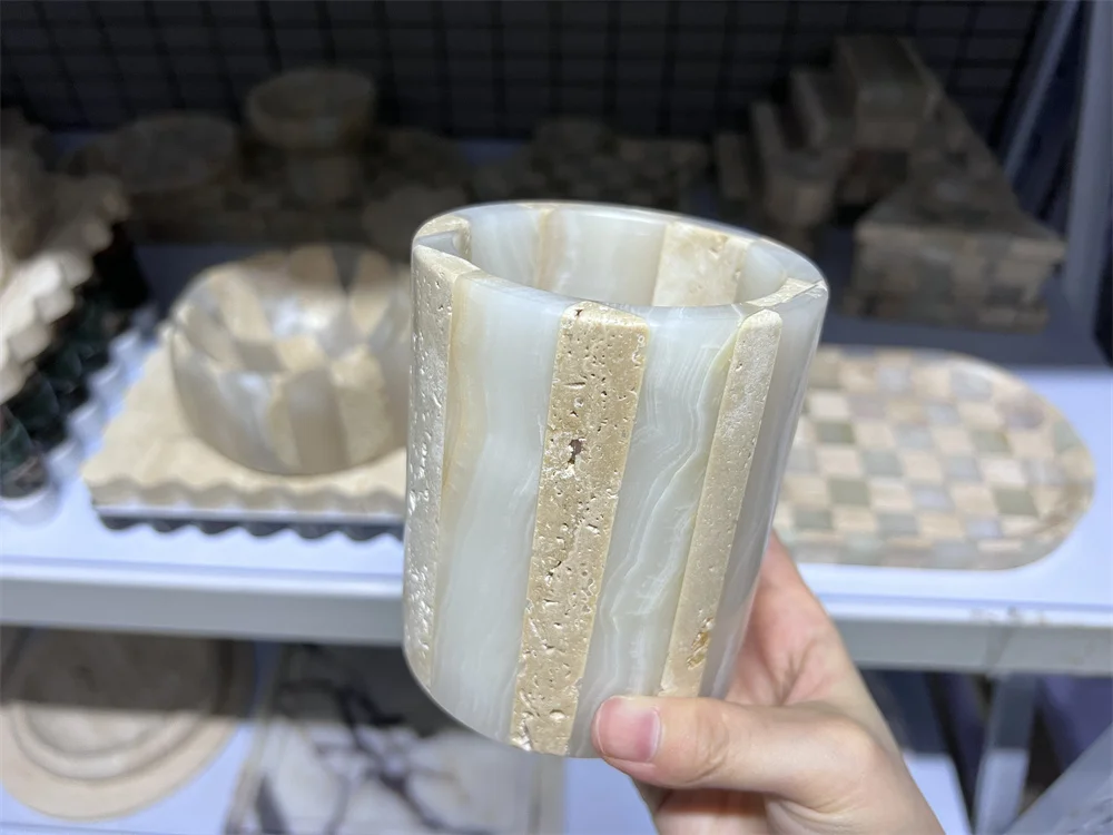 stonekocc Travertine And Onyx Mixed Color Wabi-Sabi Luxury Natural Decorative Marble Ornament Home Decoration