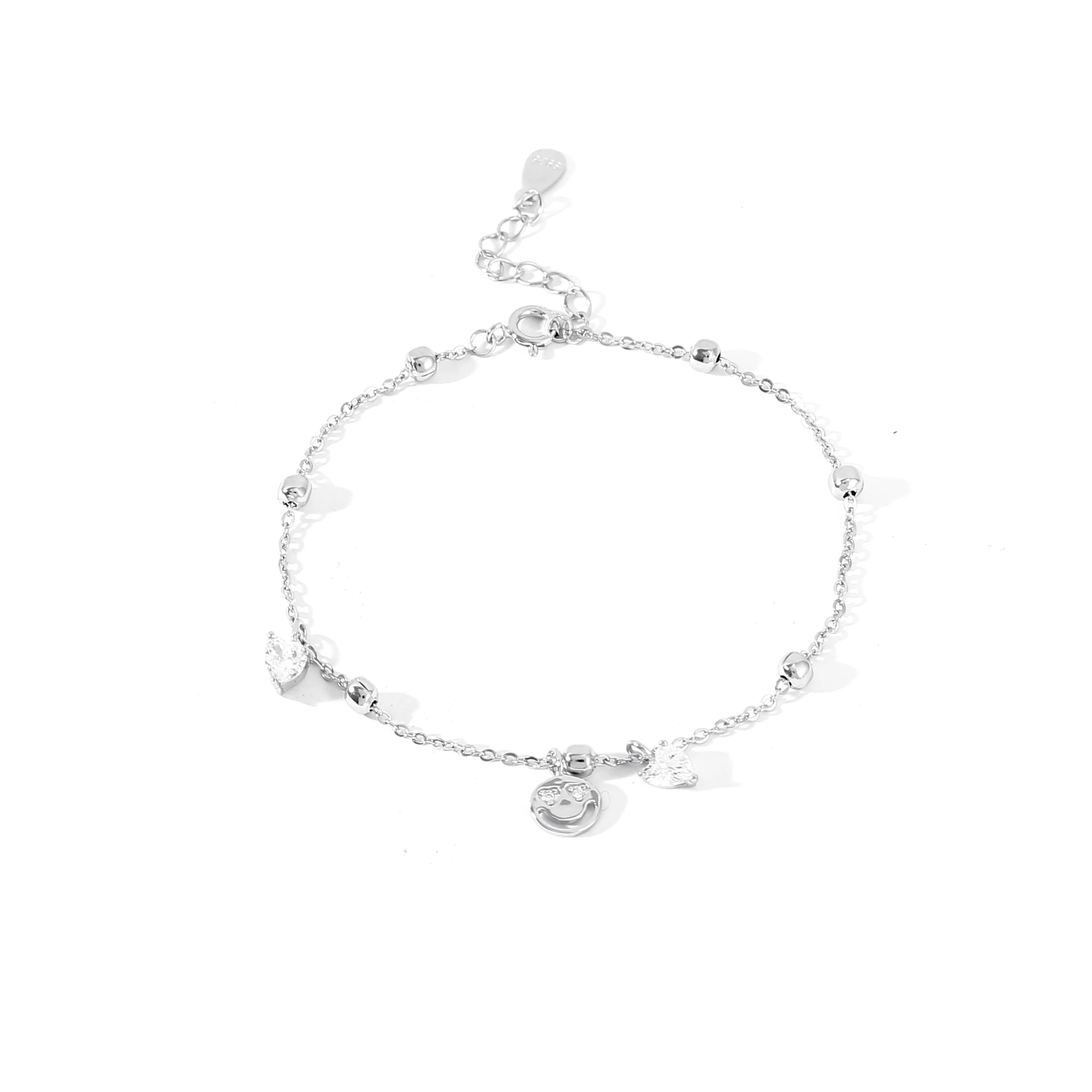 New design 925 sterling silver love heart smile face beads charm pendant bracelet cubic zircon hand chain