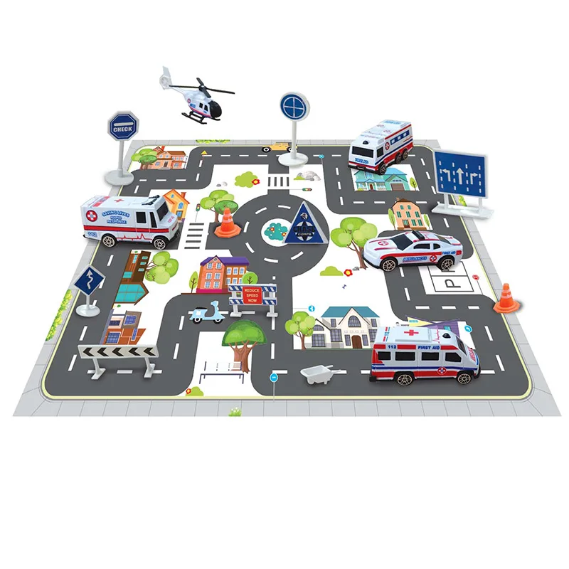 Kids Patience Creative Parent-Child Hospital Ambulance Series Alloy Die Cast Car Models With Traffic Scene Folding Play Mat