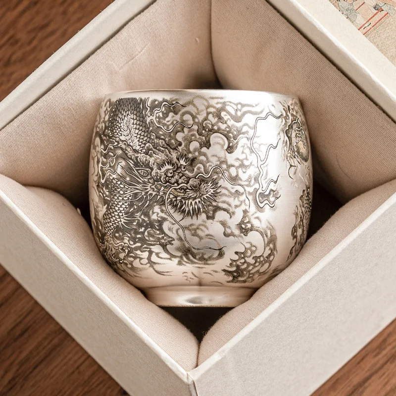 999 sterling silver porcelain body gilded silver pattern dragon tea cup gift box packaging