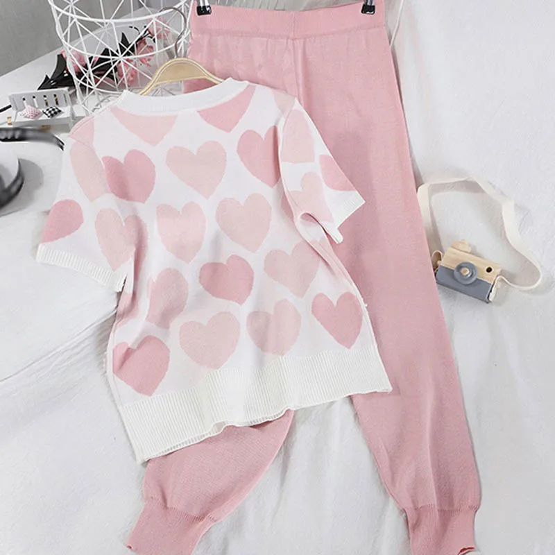 TZ8221 Fall Sweet Heart Pattern Knitted Two Pieces Set Women Casual Knit t shirt and Pants Clothing