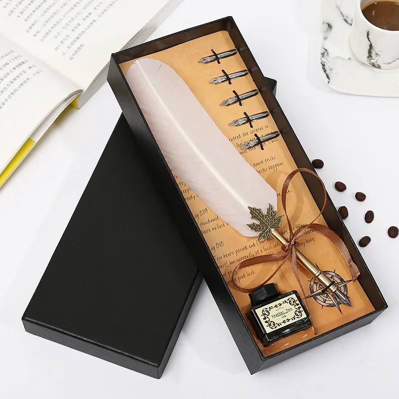 
Shearing leaf rod feather pen gift box student holiday gift stationery set retro dip pen send ink Pen 